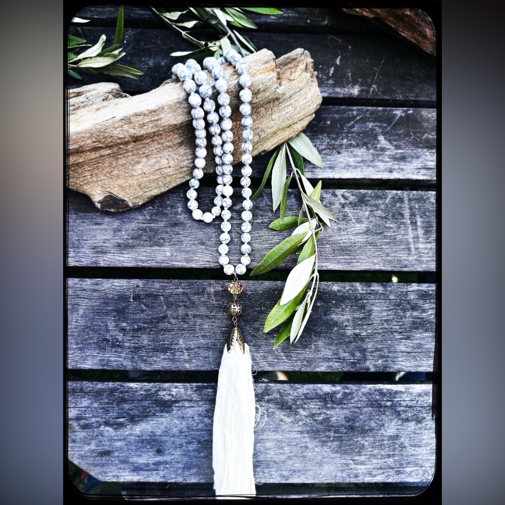 SOLD White Stone Mala Necklace with White Linen Tassel.